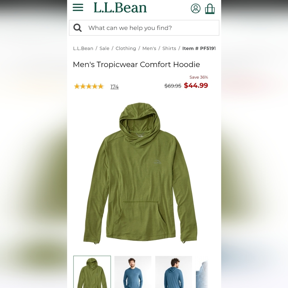L.L. Bean Men's Olive Lightweight Hoodie